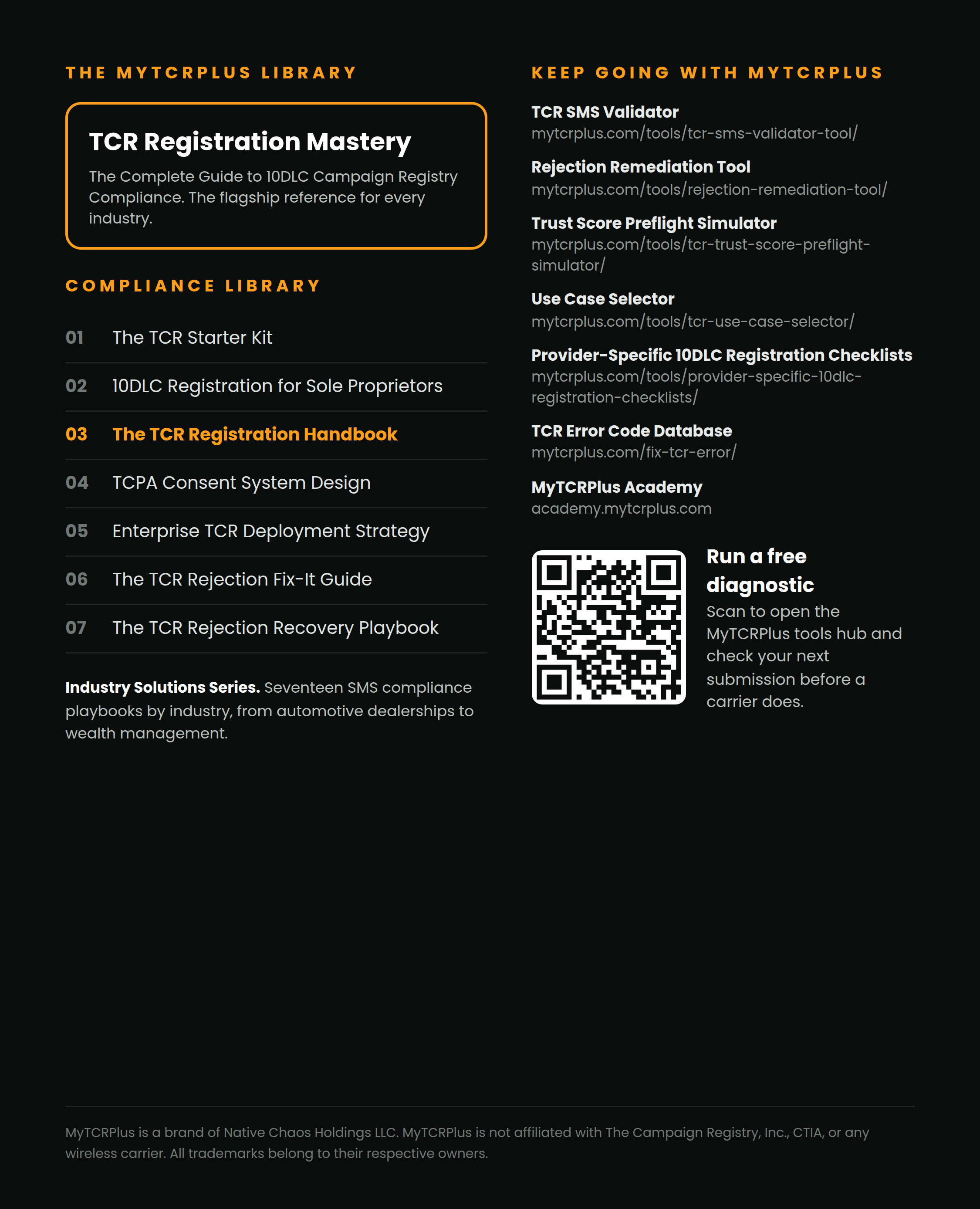 The TCR Registration Handbook inside back cover