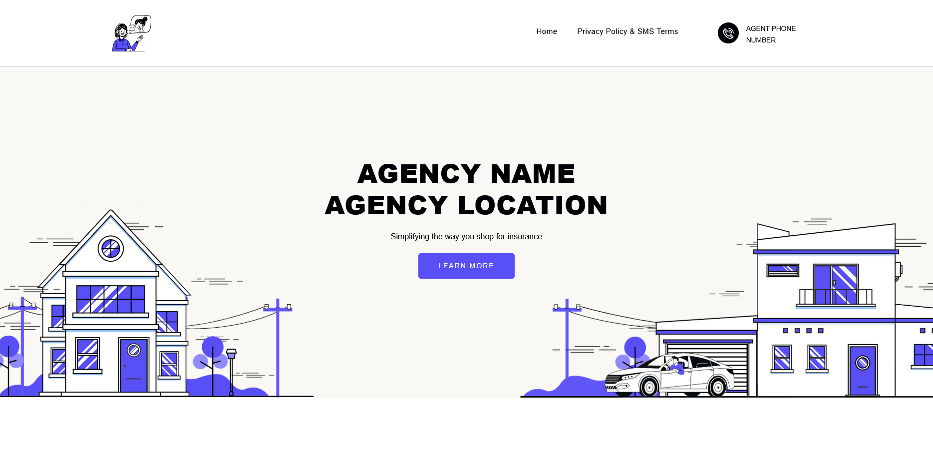 MyTCRPlus insurance microsite template displaying “Agency Name / Agency Location” header layout